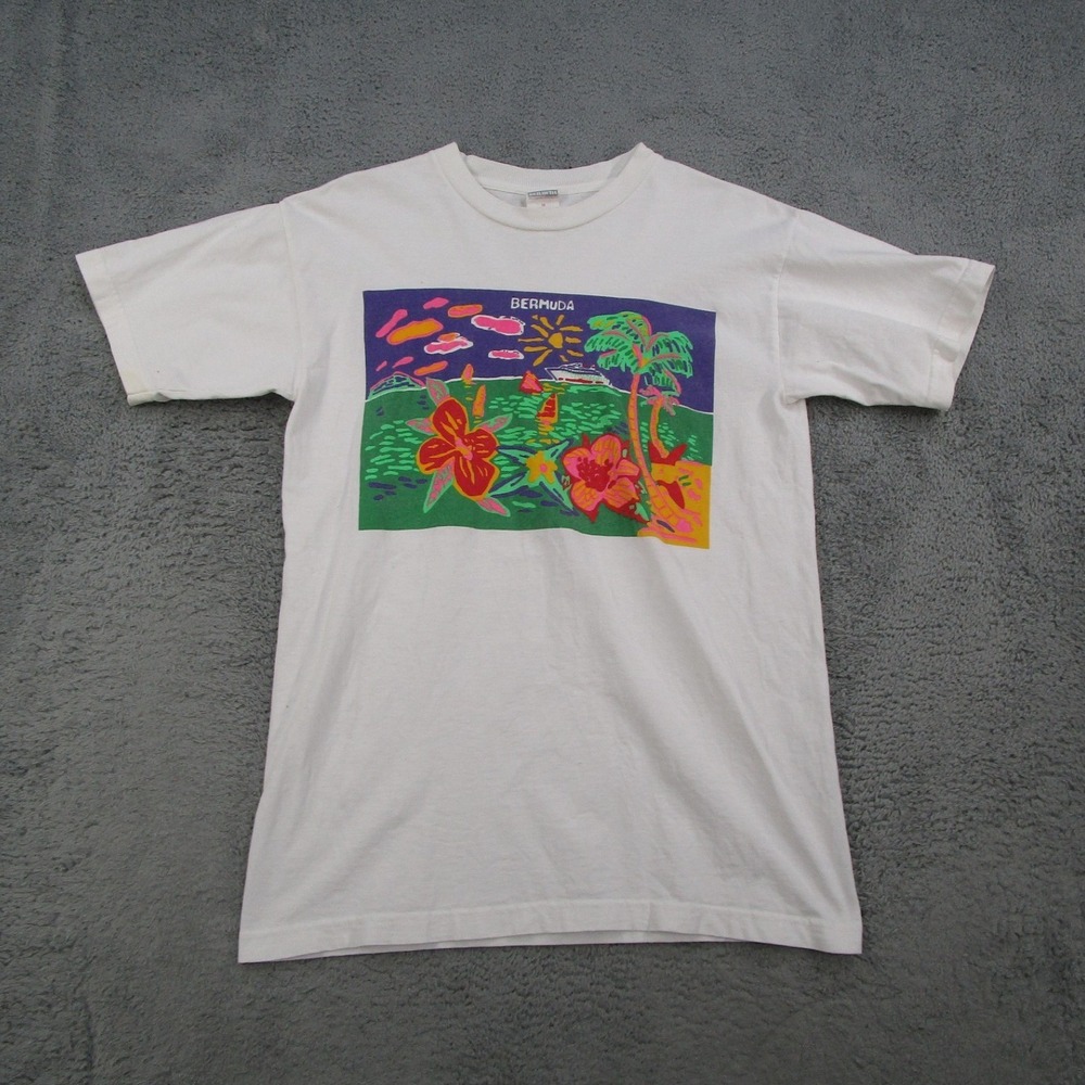 Vintage Davisons of Bermuda Graphic T-Shirt Mens Medium White Tropical Neon Sun